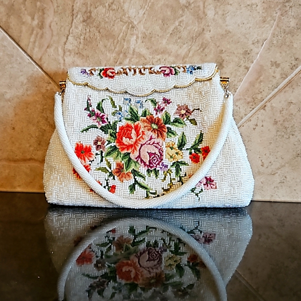 Vintage Handmade embroidered Beaded petite point evening bag